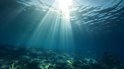 Naklejka na ściany i meble Underwater Scene. Beautiful Tropical Seabed With Reef And Sunshine