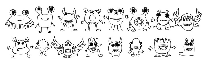 Big collection of doodle monsters. Hand drawn art abstract big set with cute, funny, scary, monsters. Vector illustration