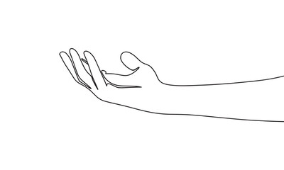 Human hand palm up isolated on white background. One line continuous arm art. Line art, outline, vector illustraiton.