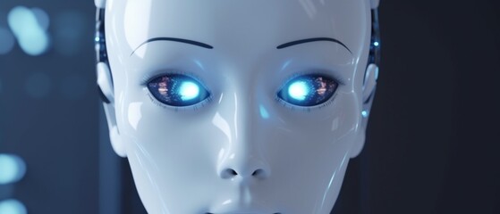 Humanoid robot face close-up futuristic modern tech chatbot assistance auto conversation background copy space, Future digital technology AI artificial intelligence concept,  copy space on left