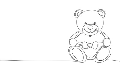 Toy bear with heart isolated on white background. One line continuous toy art. Line art, outline, vector illustraiton.