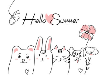 Cute animals with doodle style flowers on a white background. Hello Summer. Vector illustration for backgrounds, postcards, prints