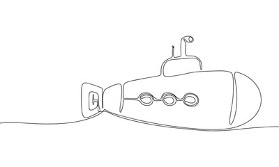Submarine toy isolated on white background. One line continuous children toy art. Line art, outline, vector illustraiton.