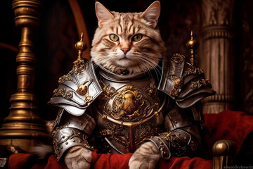 Fototapeta premium cat in armor, fantasy, medieval castle, ai generated