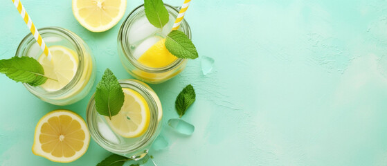 Naklejka na ściany i meble Lemonade with mint panorama, Lemon water drink with ice, Two glasses and lemons on a pastel background overhead flat lay shot, Detox beverage, Fresh homemade cocktail