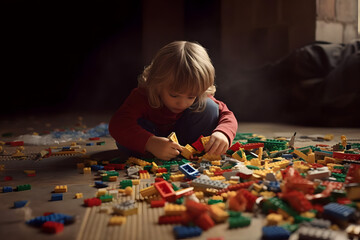 Child Building and Playing with Colorful Toy Bricks and Plastic Blocks, Generative AI
