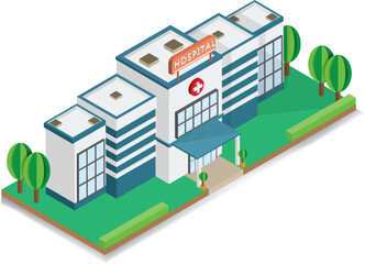 Vector isometric white hospital building overlaid on a white background clearly isolated illustration used in maps, teaching materials, infographics, cute bright style, description in English.