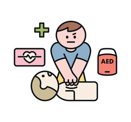 One day class workshop. People are learning new skills. Illustration of geometric design. CPR