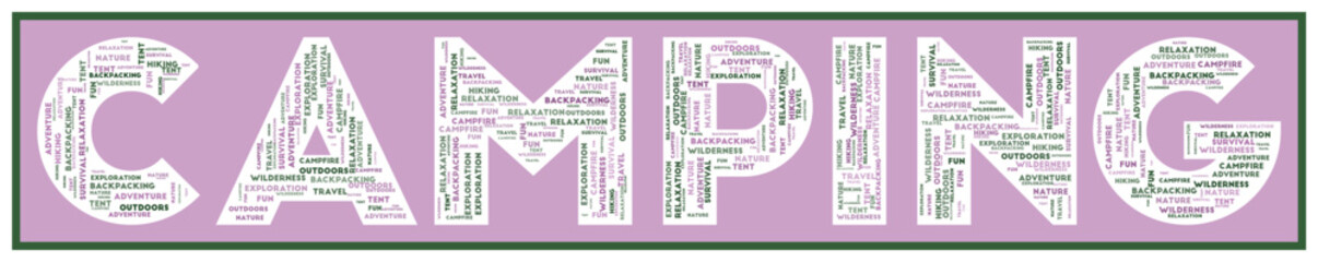 CAMPING text filled with related keywords of various sizes. Camping word cloud. Astonishing vector illustration.