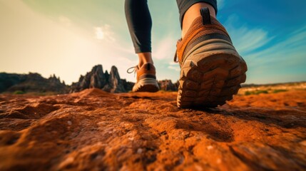 Hiker foots shoes over landscape background. AI generative image.