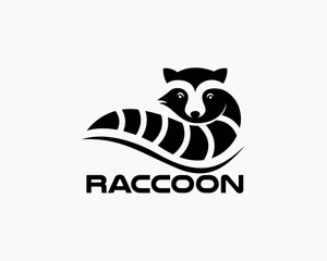 black white raccoon head style with tail logo symbol design template illustration inspiration