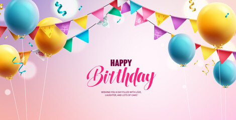 Happy birthday text vector design. Birthday balloons with colorful pennants and streamers for birthday celebration. Vector illustration greeting card background.