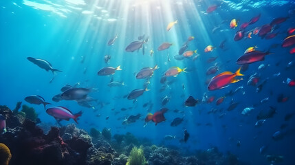 Beautiful underwater view of the coral reef. Life in the ocean. School of fish. Generative AI