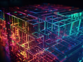 Neon lights Chromatic Holographic cubes on dark background Created with Generative AI technology.