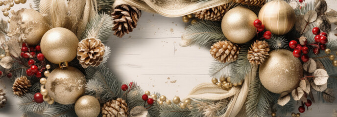 Obraz premium A Christmas background wreath covered with Christmas decoration on white wood. Generative ai