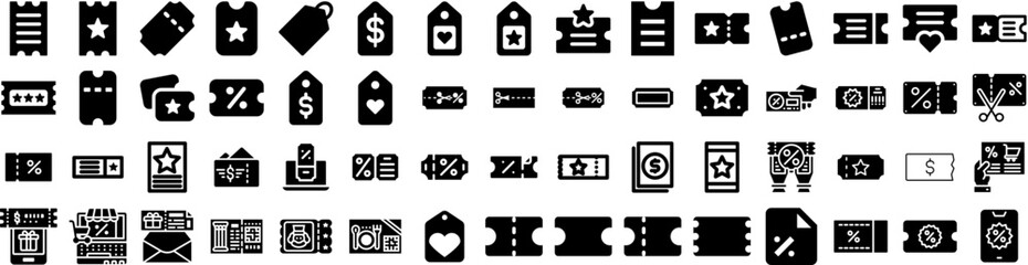 Set Of Coupon Icons Isolated Silhouette Solid Icon With Business, Ticket, Gift, Coupon, Sale, Discount, Promotion Infographic Simple Vector Illustration Logo