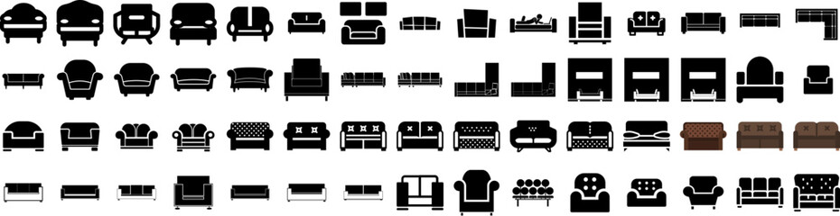 Set Of Couch Icons Isolated Silhouette Solid Icon With Couch, Sofa, Home, Room, Cozy, Furniture, Modern Infographic Simple Vector Illustration Logo