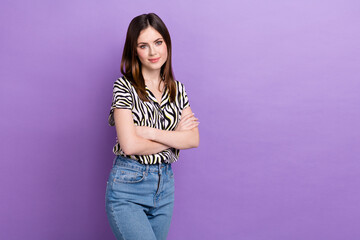 Photo cadre of young confident specialist fashion designer woman wear print zebra shirt skinny...