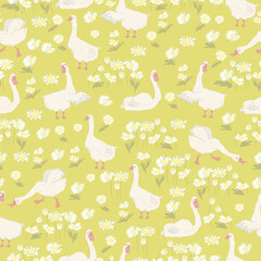 Seamless Pattern with Chamomile and Gooses on Green Background