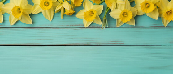 Yellow flower on turquoise wood background with copy space
