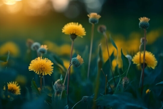 Floral summer spring background, Yellow dandelion flowers close-up in a field on nature on a dark blue green background in evening at sunset, Colorful artistic image free copy space