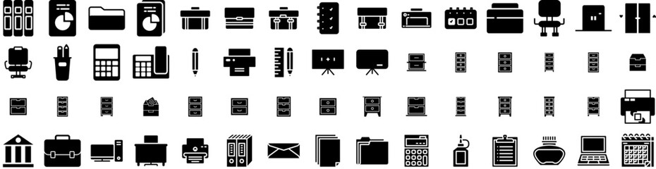 Set Of Office Icons Isolated Silhouette Solid Icon With Business, Work, Office, Table, Modern, Computer, Desk Infographic Simple Vector Illustration Logo