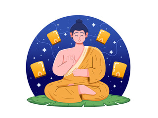 A vector illustration of Buddha's Vesak Day, featuring a meditating budha monk at top seated lotus leaf.
a Budha monk meditating in peaceful.
perfect for greeting card, postcard, banner, etc