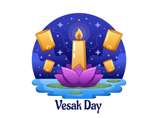 A vector illustration celebrating Vesak Day with vibrant lotus flower, light candles, and a beautiful light lantern.Buddha Purnima, Vaishakh Purnima, Saka Dawa celebration. - obrazy, fototapety, plakaty
