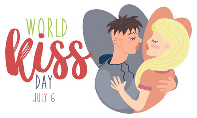 World Kissing Day. A young guy reaches out to the girl to kiss her. valentine's day. Abstract illustration of love. Magical feelings. For printing, posters, postcards. A gift for a loved one. Horizont