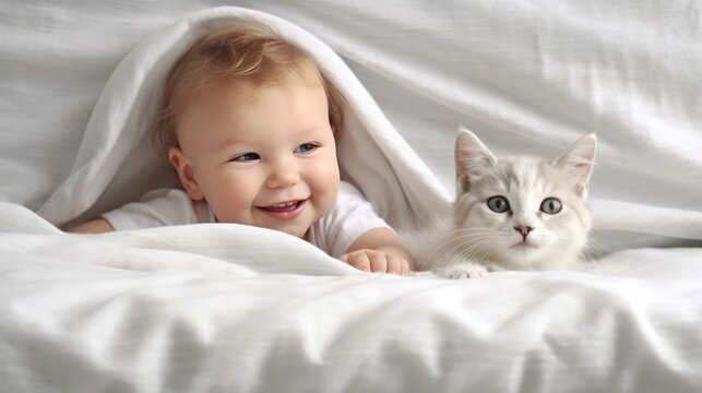 Cute baby with cat on bed at home. AI generative image.