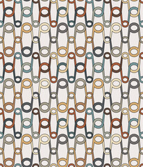 Geometric mesh with interlaced circles and wavy lines in orange, gray, brown, and yellow colors on a white background. Seamless repeating pattern. Multicolored retro style design. Vector image.