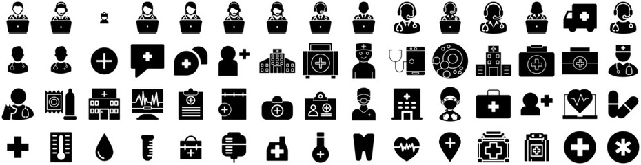 Set Of Doctor Icons Isolated Silhouette Solid Icon With Healthcare, Medicine, Medical, Doctor, Hospital, Professional, Health Infographic Simple Vector Illustration Logo