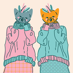 Stylish illustration with two cats wearing clothes. Vector print, design, postcards