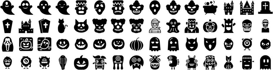 Set Of Scary Icons Isolated Silhouette Solid Icon With Spooky, Scary, Night, Background, Dark, Halloween, Horror Infographic Simple Vector Illustration Logo