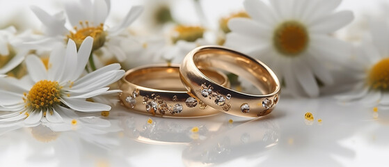 Obraz na płótnie Canvas luxury couple of gold wedding rings and flowers background Generative AI