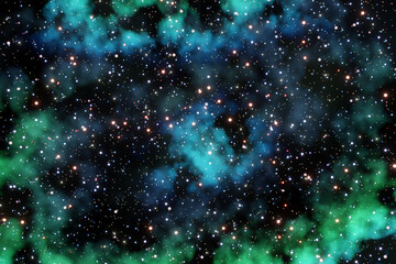 Space cluster of stars, green gas galaxy.
