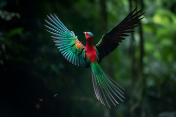 Flying Resplendent Quetzal Pharomachrus mocinno Savegre in Costa Rica with green forest in background, Magnificent sacred green and red bird, Action flight moment with Resplendent Quetzal,