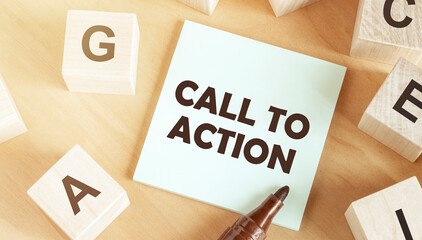 Sticker with text call to action in the middle of wooden cubes with letters