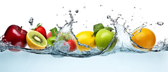 Fototapeta na wymiar Fresh fruits splashing into clear water