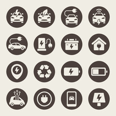 Electric cars vector icon set. Electro car charging and service icons.