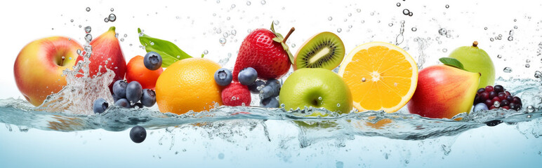 Fresh fruits splashing into clear water