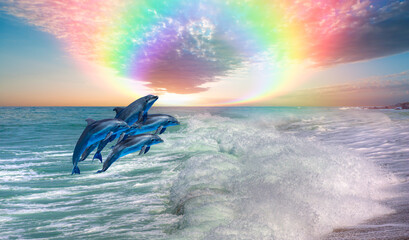 Group of dolphins jumping on the water with rainbow - Beautiful seascape and blue sky