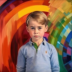 boy standing in front of LGBTQ+ wall, LGBTQ+ colors