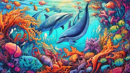 Obraz na płótnie Canvas Dolphins playing at coral reef. Generative AI