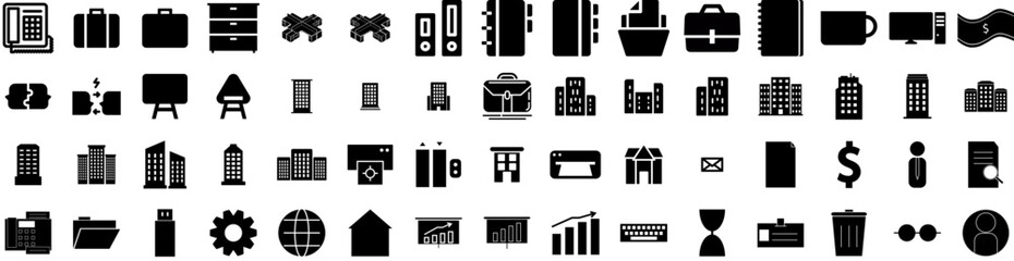 Set Of Office Icons Isolated Silhouette Solid Icon With Modern, Table, Business, Computer, Office, Desk, Work Infographic Simple Vector Illustration Logo