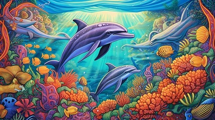 Fototapeta na wymiar Dolphins playing at coral reef. Generative AI