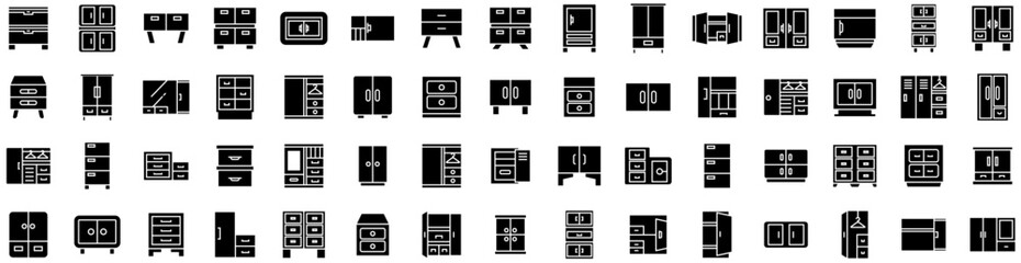 Set Of Cabinet Icons Isolated Silhouette Solid Icon With Interior, Home, Room, Modern, House, Cabinet, White Infographic Simple Vector Illustration Logo