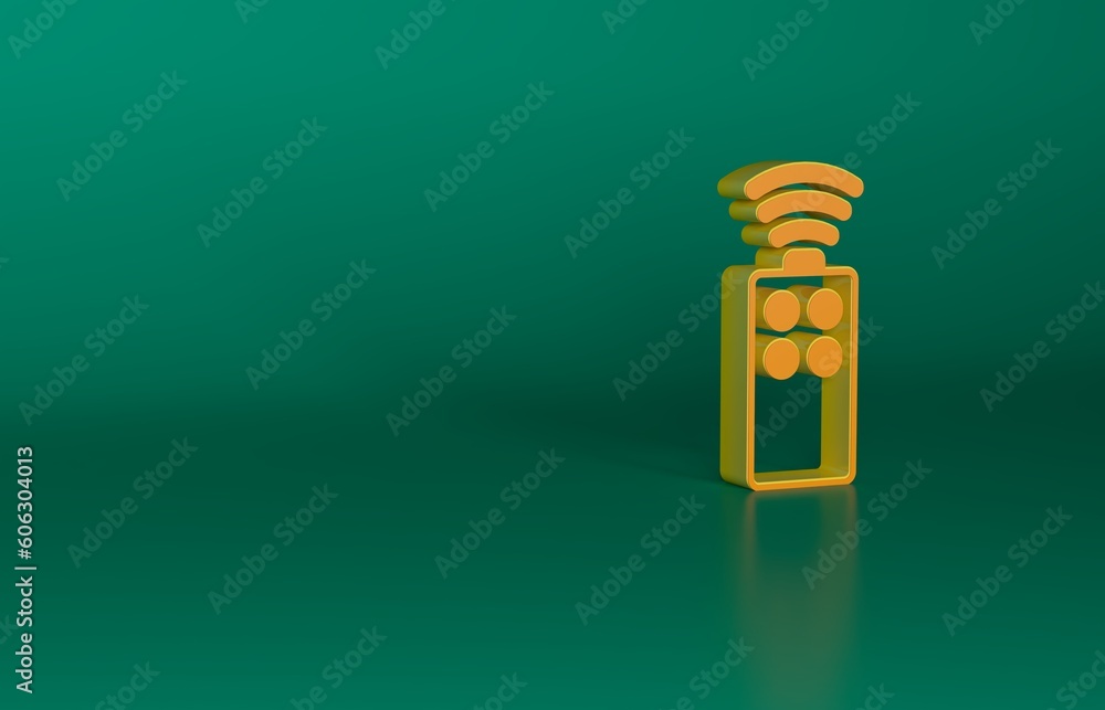 Poster orange remote control for the camera icon isolated on green background. an auxiliary device that all