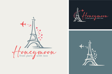 France Paris Eiffel Tower with Heart Love Plane Aircraft for Honeymoon Romantic Vacation Travel Logo design