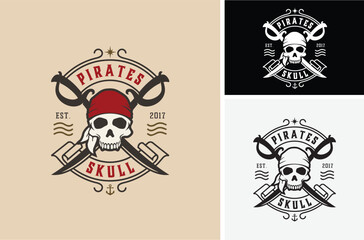 Classic Pirates Skull with Crossing Swords Vintage for Boat Ship Sailor Nautical Navy Vintage Retroemblem logo design 